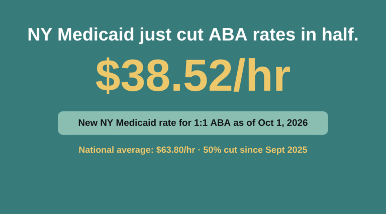 NY Medicaid just cut ABA rates in half: $38.52 per hour, the new New York Medicaid rate for one-to-one ABA as of October 1, 2026. National average $63.80 per hour; 50% cut since September 2025.
